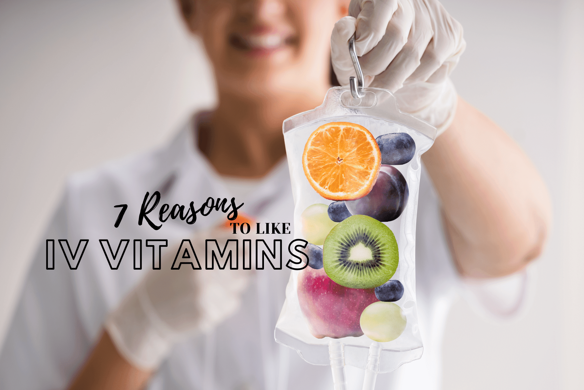 A person holding a bag of fruit with the words " 7 reasons to like vitamins ".