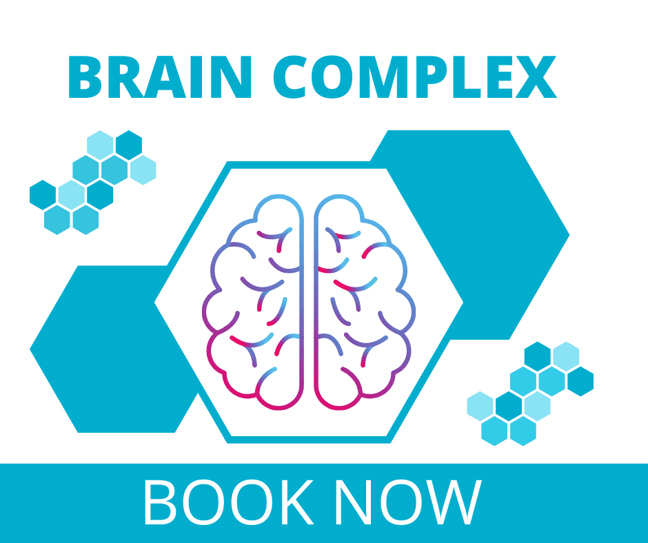 A blue and white graphic with the words " brain complex book now ".