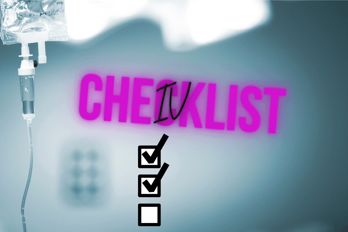 A pink and black checklist with some white boxes