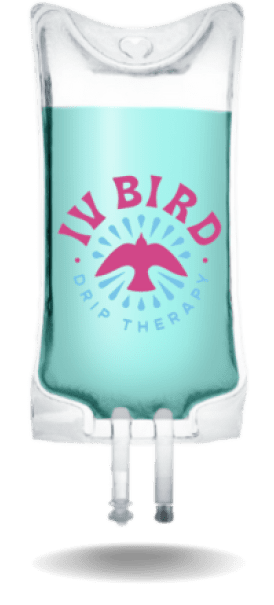 A blue bottle of liquid with the words " iv bird drip therapy ".