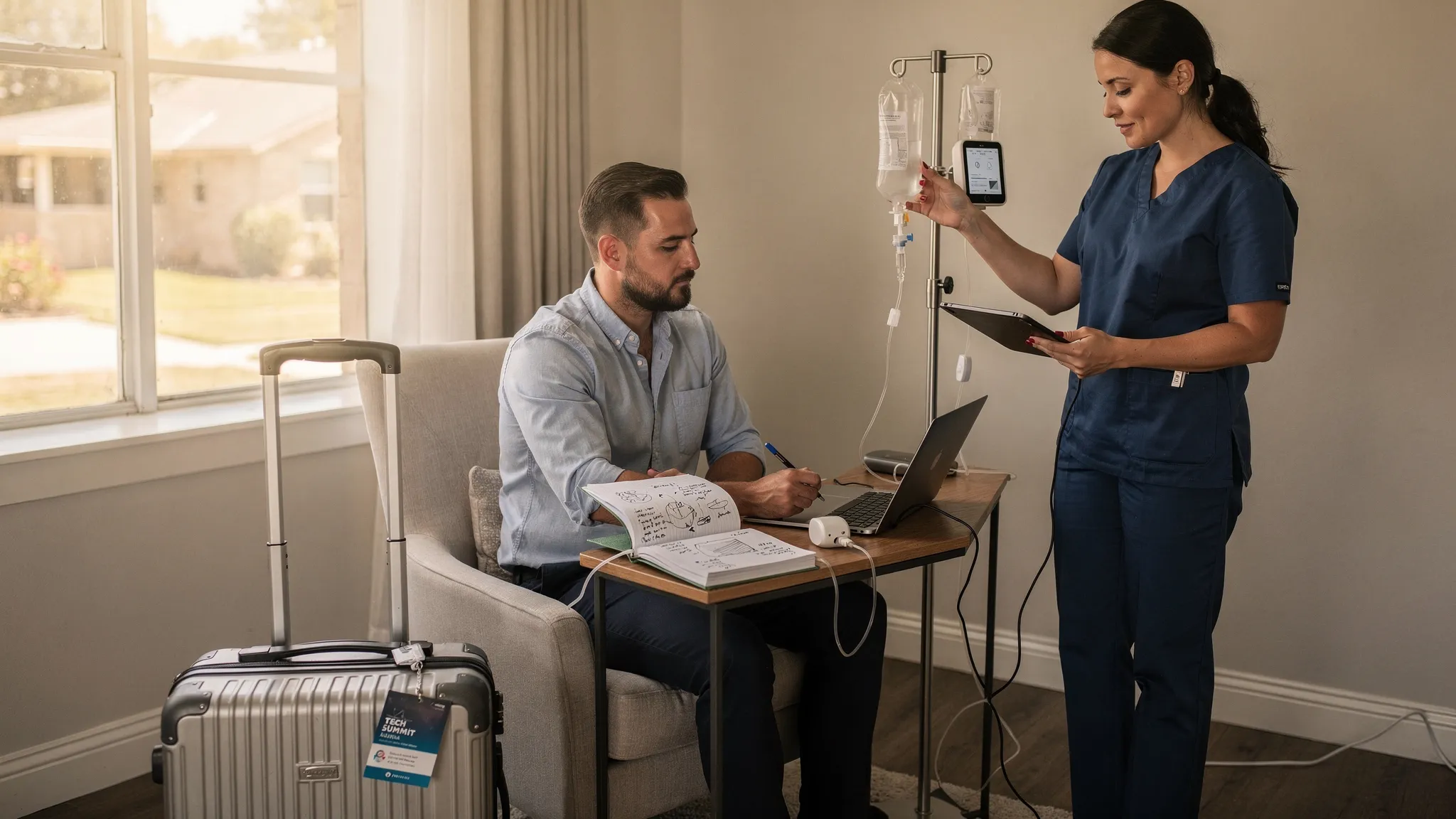 A busy Austin professional in a quiet home office receives a mobile IV hydration drip from a nurse while reviewing a project notebook, with a travel carry-on and conference badge nearby to suggest a post-flight recovery.