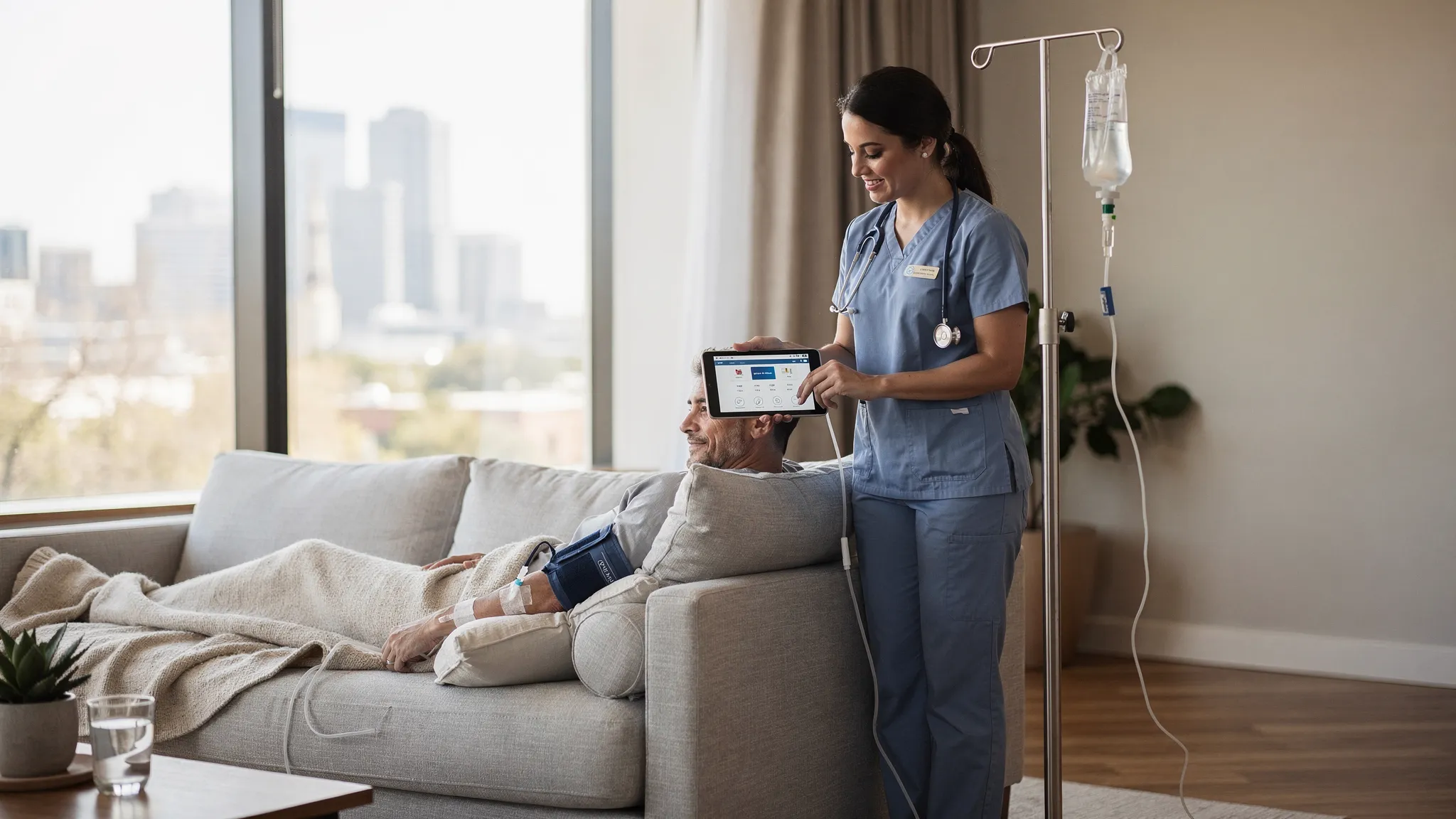 A friendly registered nurse sets up a mobile IV drip in a bright Austin living room, with the skyline faintly visible through the window. A relaxed client reclines on a sofa with a blanket, while the nurse checks vitals and an IV bag of clear fluids hangs on a portable stand.