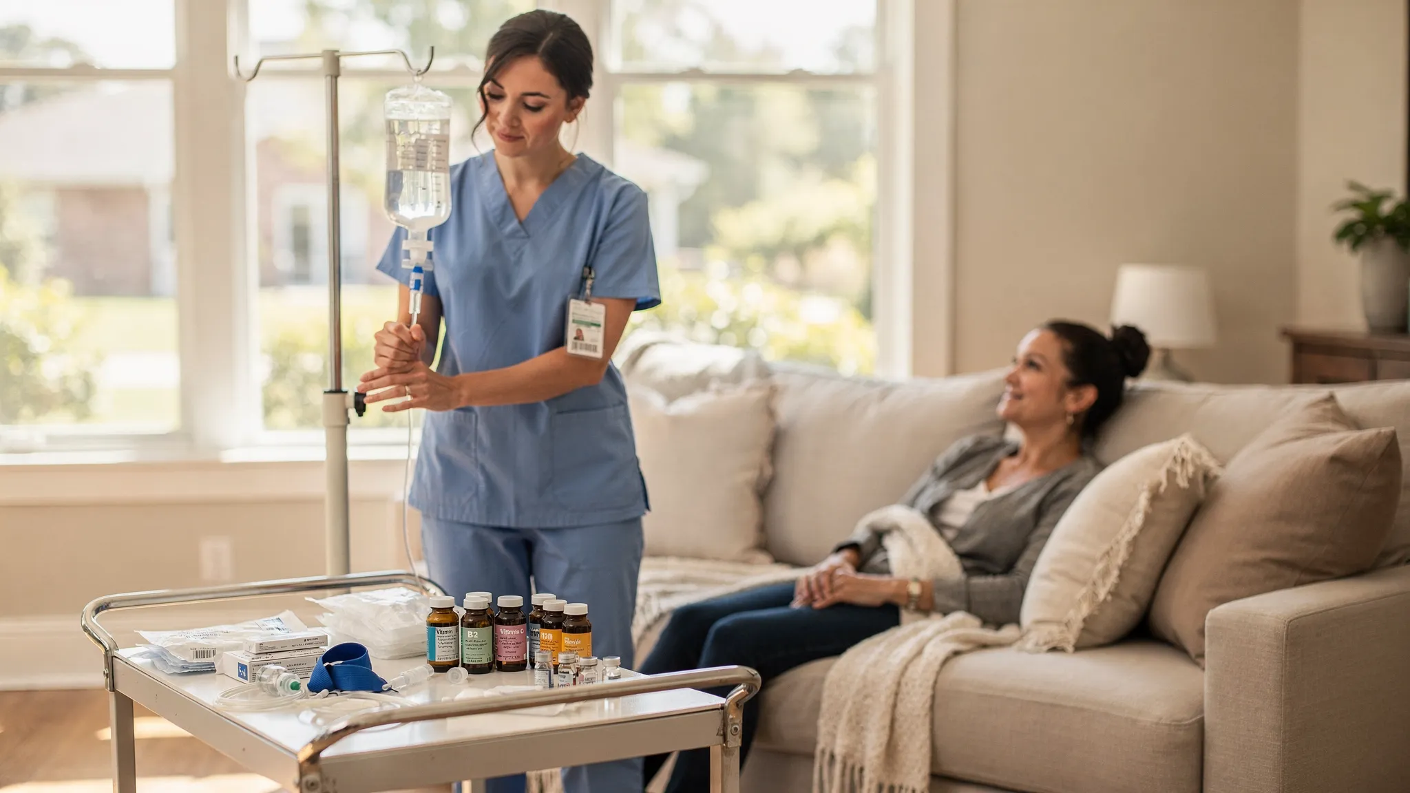 A licensed registered nurse prepares a mobile IV drip in a bright Austin living room, with a patient relaxing on a couch. On a nearby tray are sterile supplies, a bag of clear IV fluids, and labeled vitamin vials. The scene conveys professional in home care, calm comfort, and clean clinical practice.