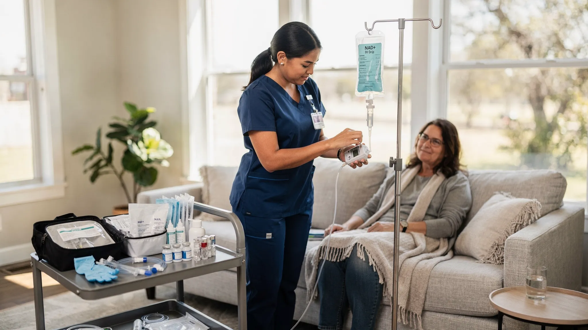 A licensed registered nurse sets up a mobile NAD+ IV drip in a bright Austin living room, with a neatly organized IV kit, an IV pole with a labeled NAD+ bag, and a relaxed client seated on a sofa with a blanket, illustrating a clean, professional at-home wellness visit.