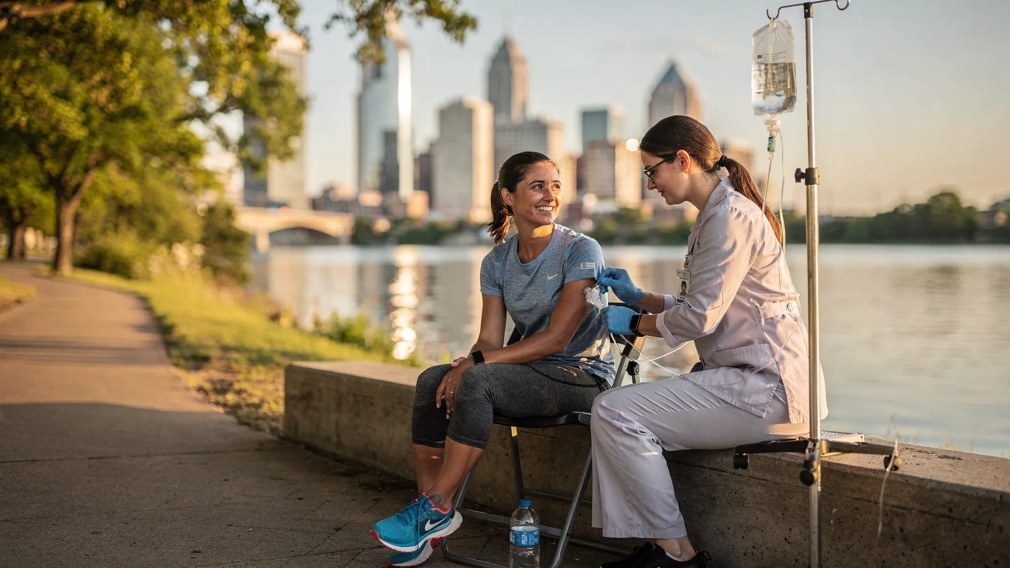 A post run Austin athlete sits near the Lady Bird Lake trail with the skyline in the background, receiving a mobile IV hydration drip from a registered nurse using a portable IV stand, both relaxed and smiling.