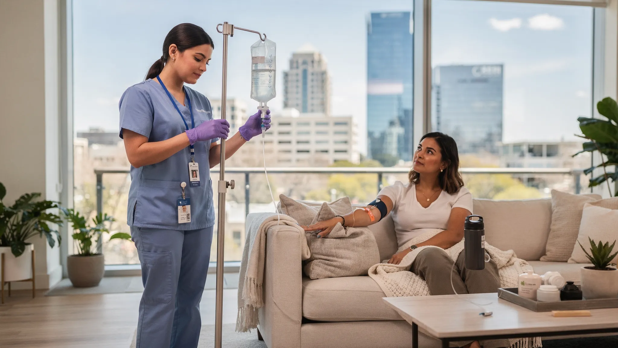 A registered nurse from a mobile IV therapy service sets up an IV vitamin drip for a young professional in a bright Austin apartment, with the downtown skyline visible through the window; the patient sits comfortably on a couch with a blanket and water.
