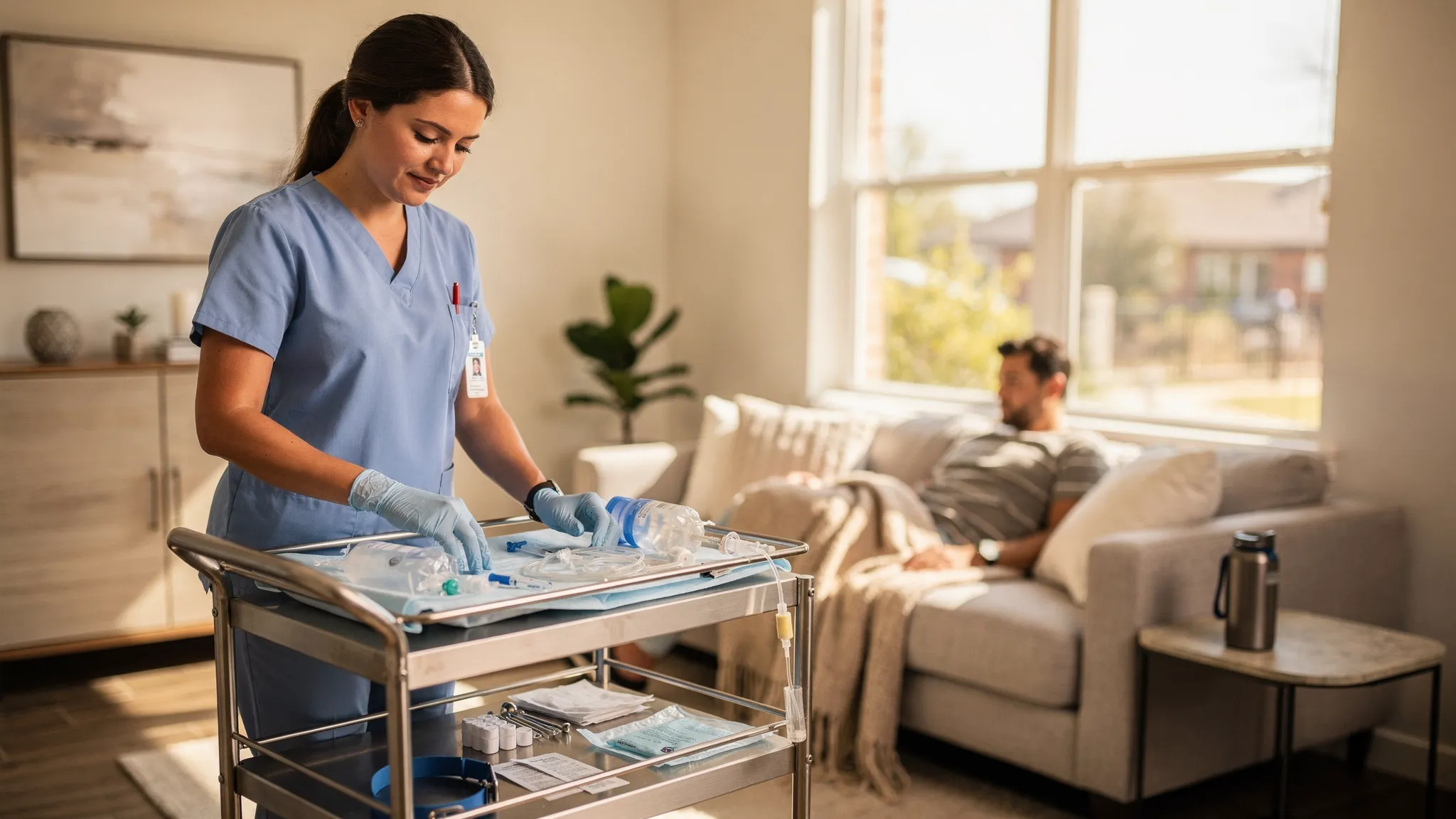 A registered nurse prepares a mobile IV setup in a bright Austin living room, laying out sterile supplies on a portable tray while a client relaxes on a couch with a blanket and water bottle nearby.