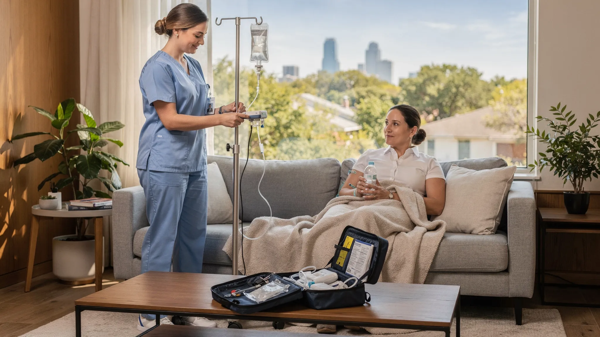 A registered nurse sets up a mobile IV drip in a bright Austin living room, with a neatly organized medical kit, IV pole, and a relaxed client seated on a couch with a blanket and water bottle. A window hints at a leafy neighborhood and downtown skyline in the distance.