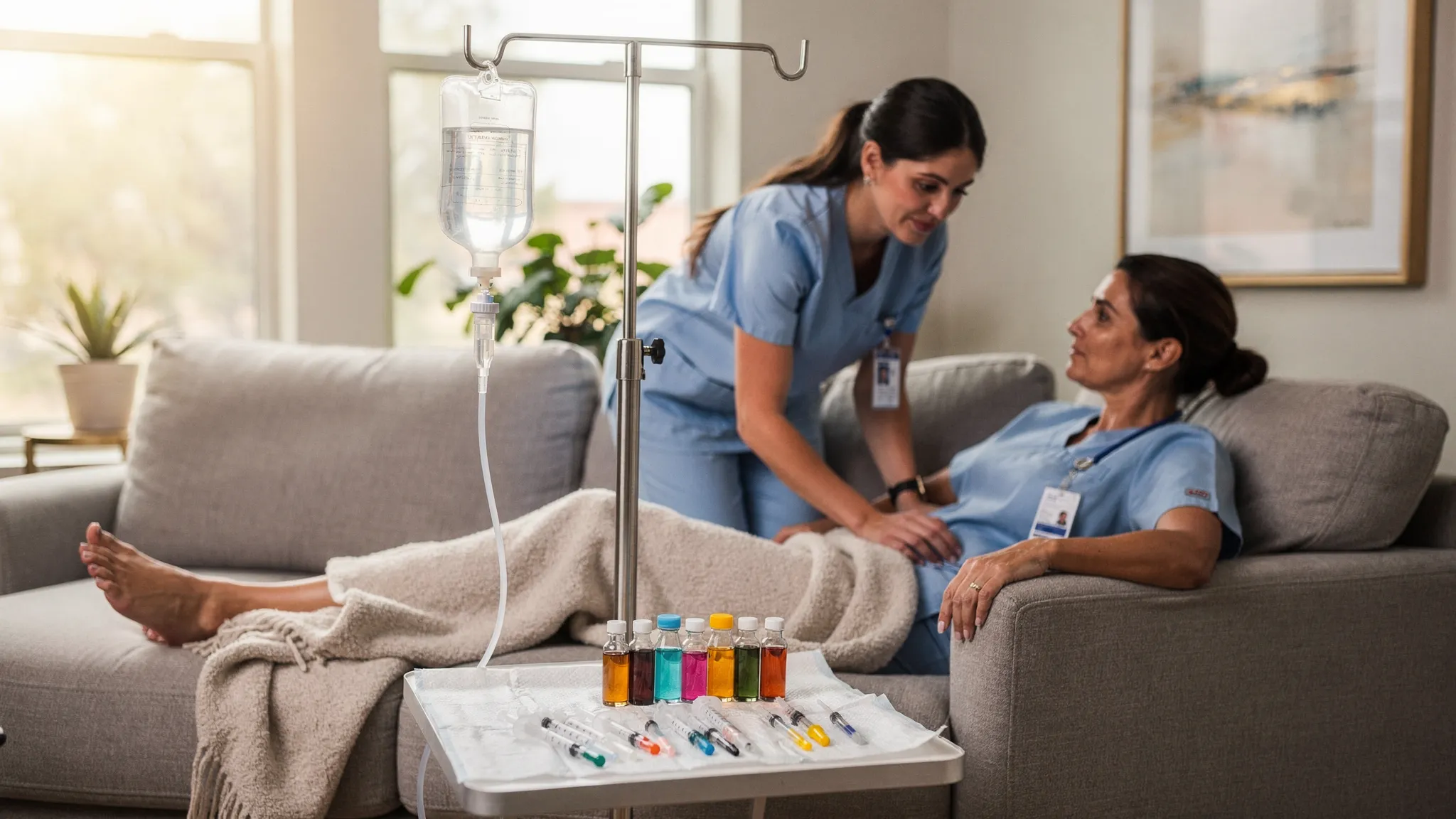 A registered nurse sets up a mobile IV drip in an Austin living room on a bright morning. The IV bag with clear fluids hangs from a portable stand beside a comfortable couch, with a clean kit of vitamins and syringes laid out on a sterile field. The client is relaxed with a blanket and water bottle nearby.