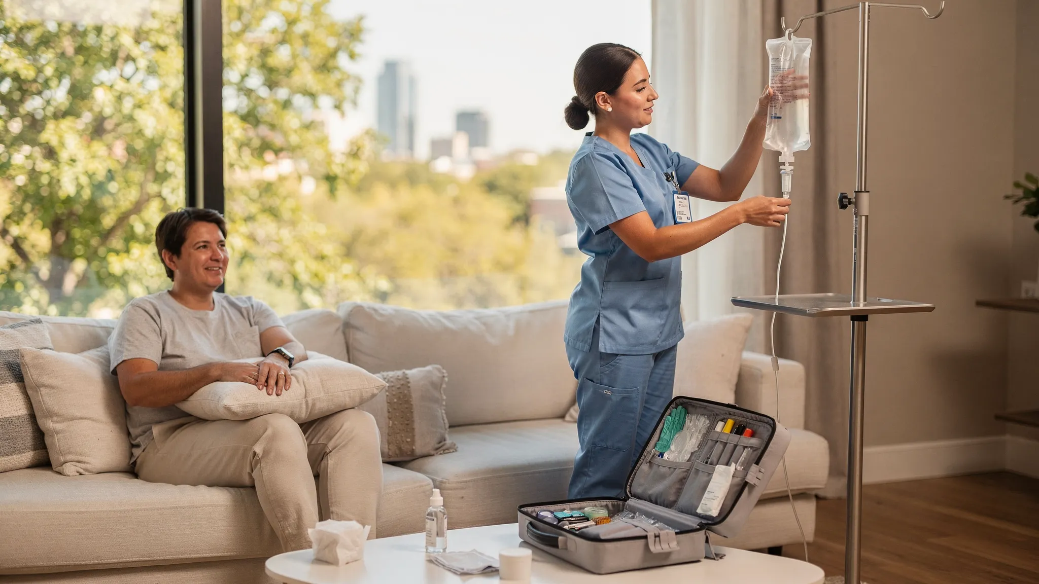 A registered nurse sets up a mobile IV hydration drip in a bright Austin living room, with a patient relaxing on a sofa, saline bag on a portable stand, and a tidy medical kit nearby. The window view hints at a warm Texas day with greenery and a hint of city skyline.