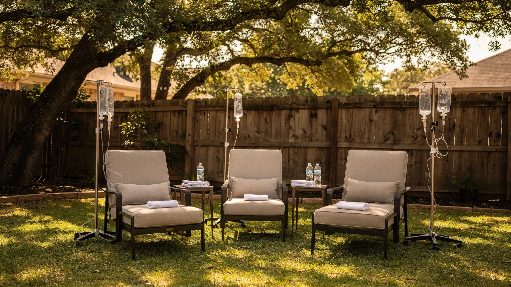 A shaded backyard in Austin set up for a small group mobile IV session, with three lounge chairs, side tables with water bottles, and a portable IV stand beside each chair.