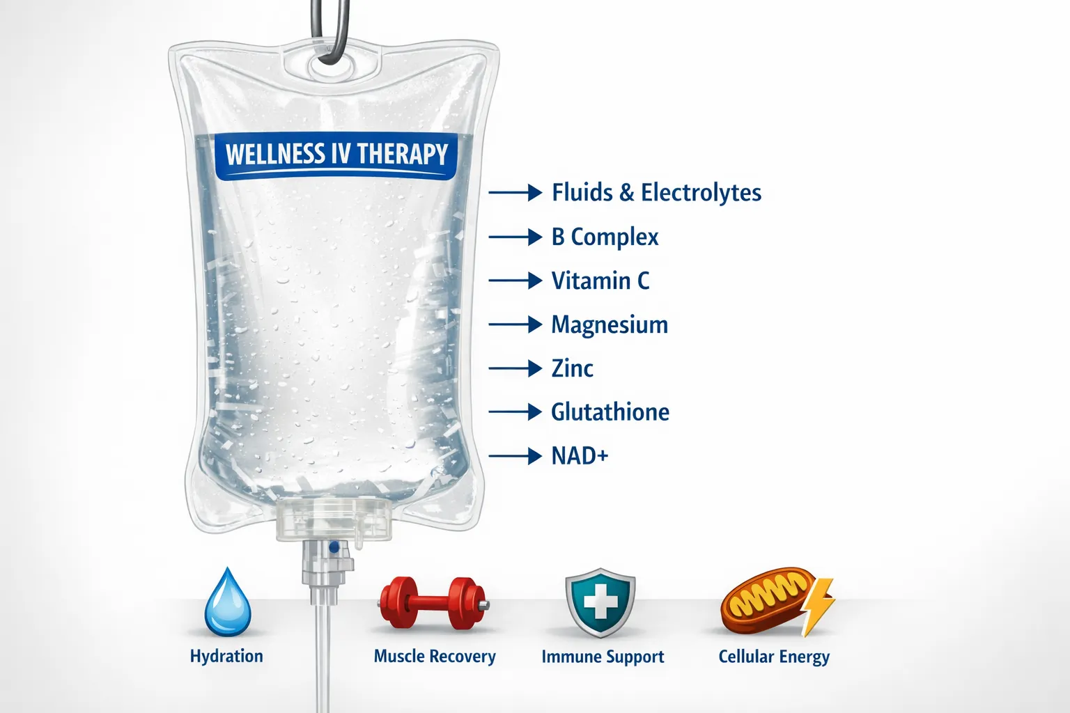 A simple, clean diagram of a clear IV bag labeled with common wellness IV components, fluids and electrolytes, B complex, vitamin C, magnesium, zinc, glutathione, NAD+, with small icons representing hydration, muscle recovery, immune support, and cellular energy.