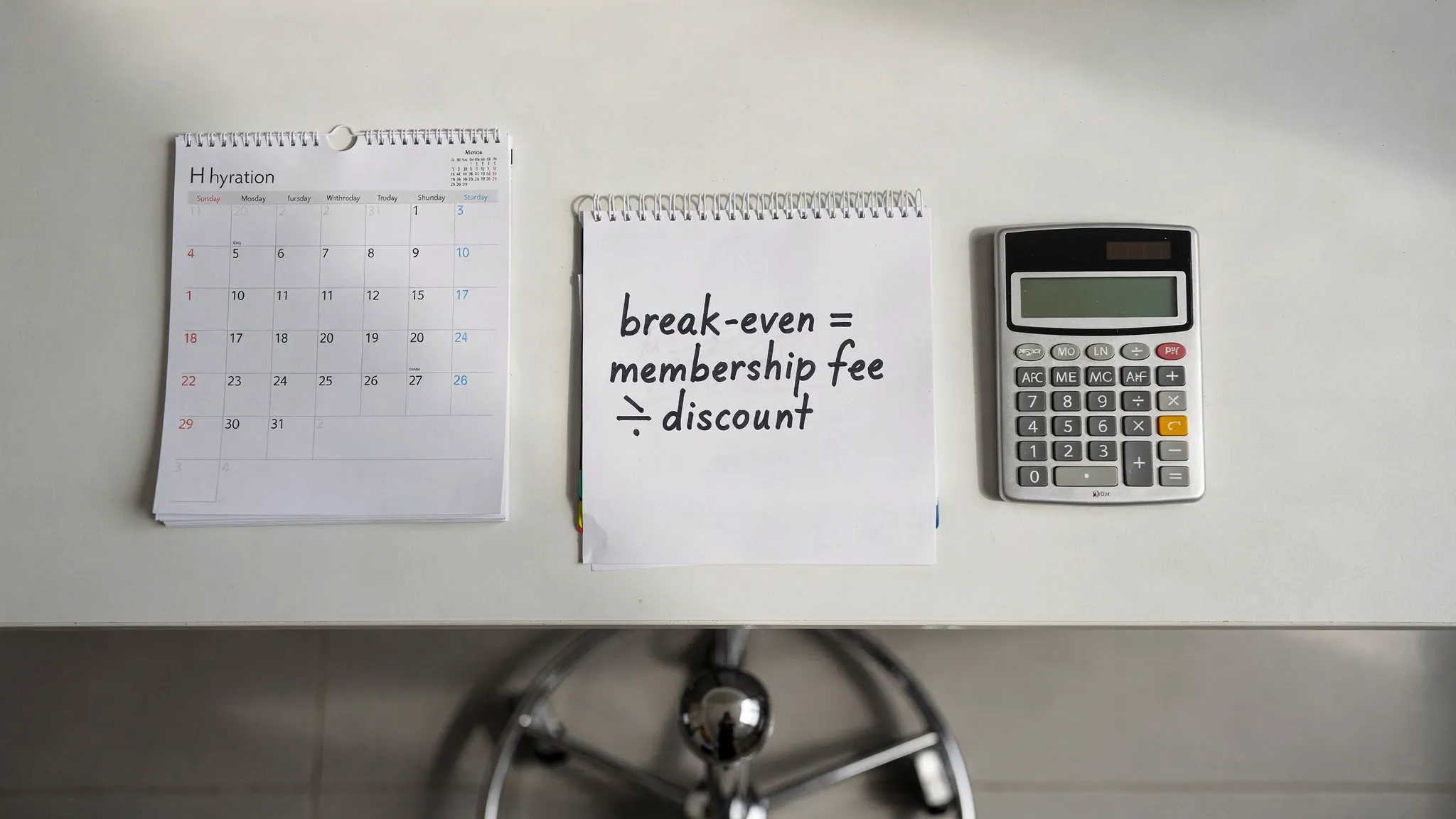 A simple flat‑lay of a calendar, a notepad with the words “break‑even = membership fee ÷ discount,” a calculator, and a stainless IV stand base, suggesting a practical approach to deciding on a hydration membership.