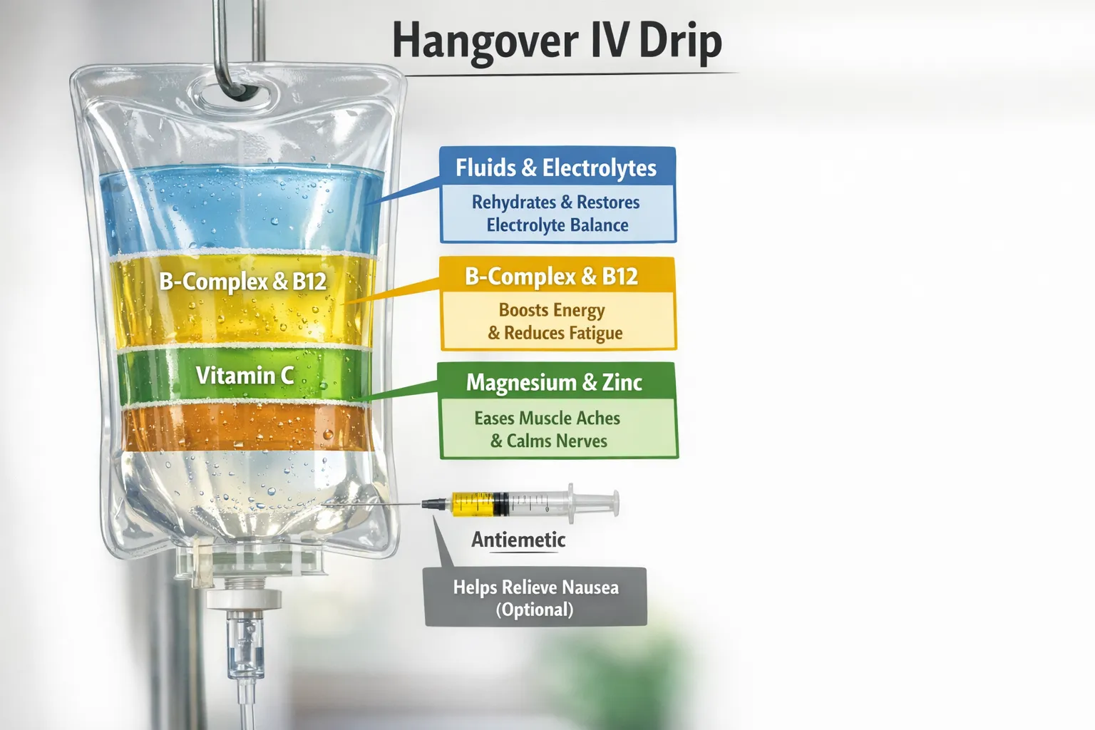 A simple infographic shows a hangover IV bag split into labeled sections: fluids and electrolytes, B‑complex and B12, vitamin C, magnesium and zinc, and a small syringe labeled antiemetic as optional. Short callouts explain how each section targets symptoms like nausea, headache, fatigue, and dehydration.