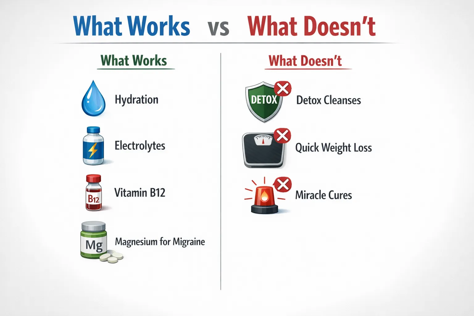A simple split infographic titled “What Works vs What Doesn’t.” Left column icons show a water droplet, electrolyte bottle, B12 vial and magnesium for migraine. Right column icons show a shield labeled “Detox,” a scale for weight loss, and a flashing emergency symbol, each marked with a small X to denote unrealistic expectations.