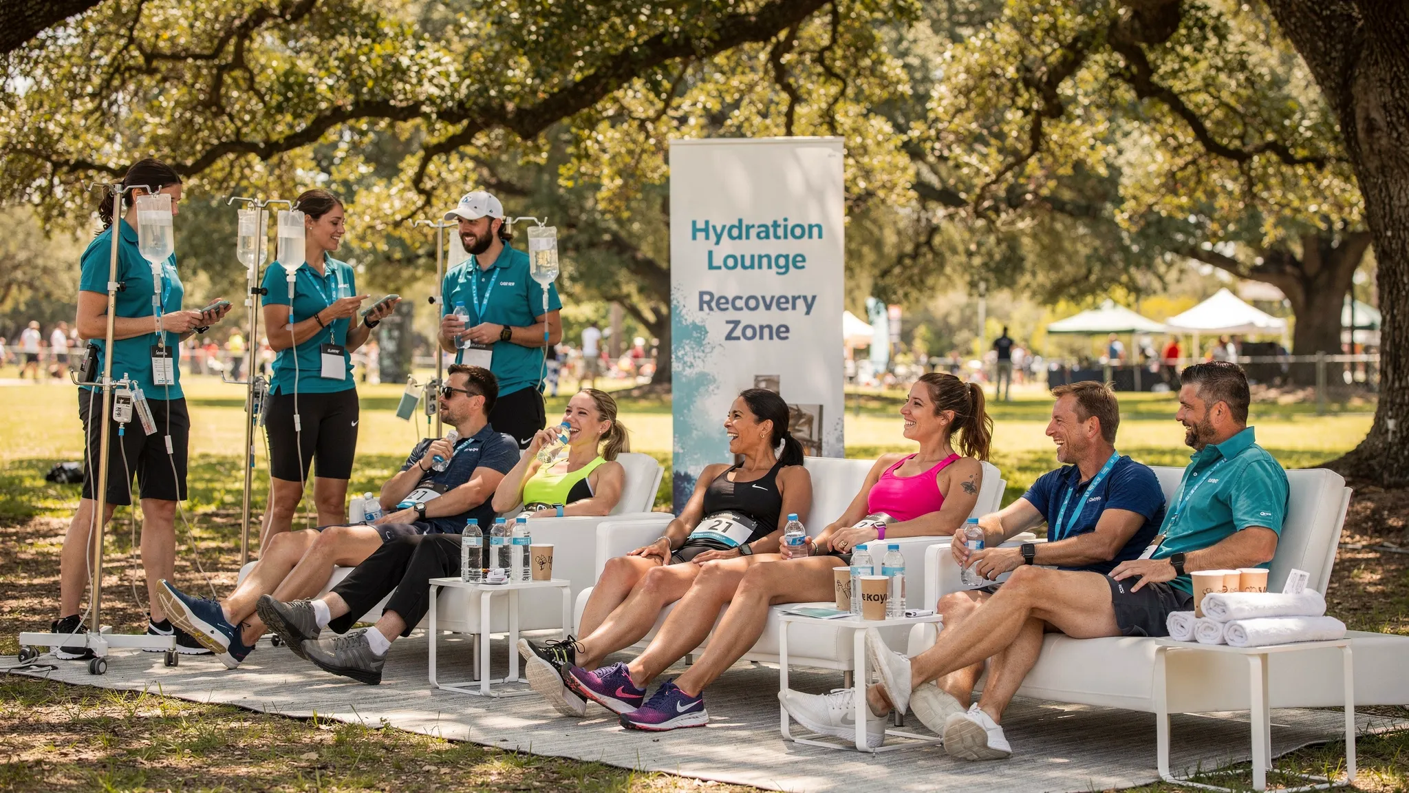 A small wellness setup at an Austin outdoor event with a hydration lounge, IV stands, and smiling athletes recovering after a run, under live oaks.