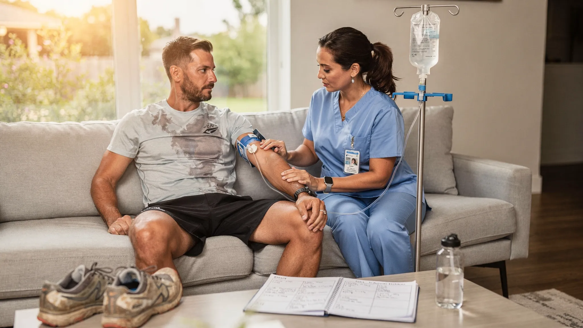 An Austin endurance athlete sits comfortably at home post-run as a registered nurse sets up a mobile IV hydration drip, with running shoes and a training log visible nearby. Morning light filters through a window, suggesting recovery after a hot workout.