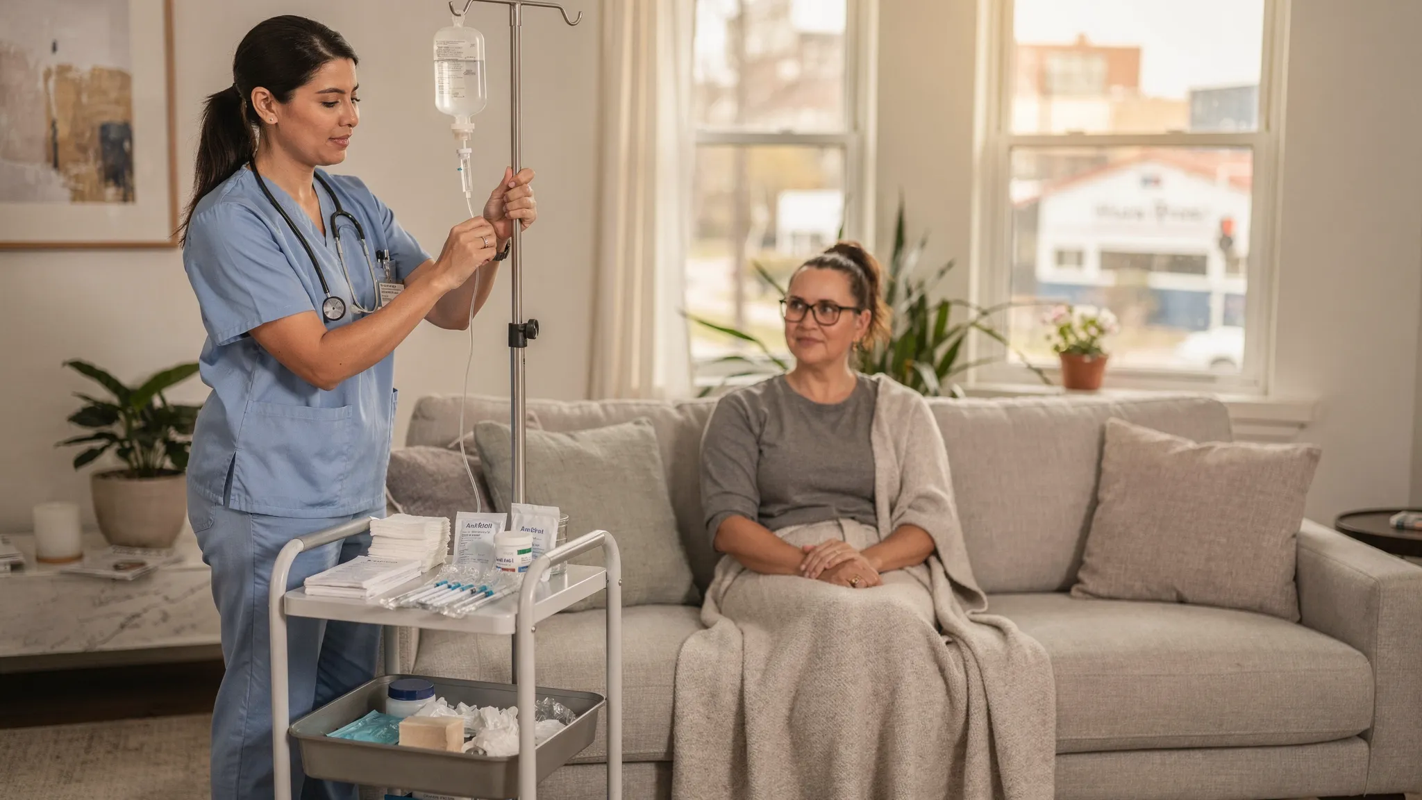 An experienced registered nurse sets up a mobile IV drip for a relaxed client in a bright Austin living room, with a hydration bag on a stand, sterile supplies on a tray, and the client seated comfortably on a sofa with a blanket.