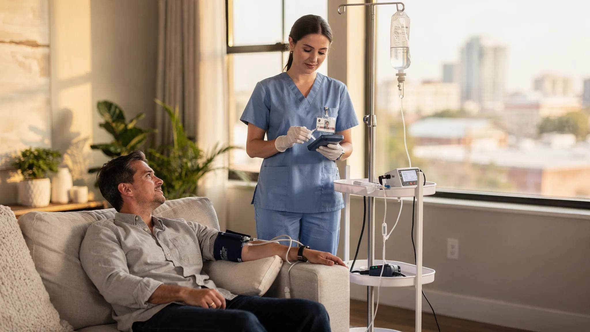 An experienced registered nurse sets up a mobile IV drip in a bright Austin living room, with the patient relaxing on a sofa and the downtown skyline faintly visible through the window. The nurse checks vitals, prepares a sterile IV line, and hangs a clear fluid bag on a mobile stand.
