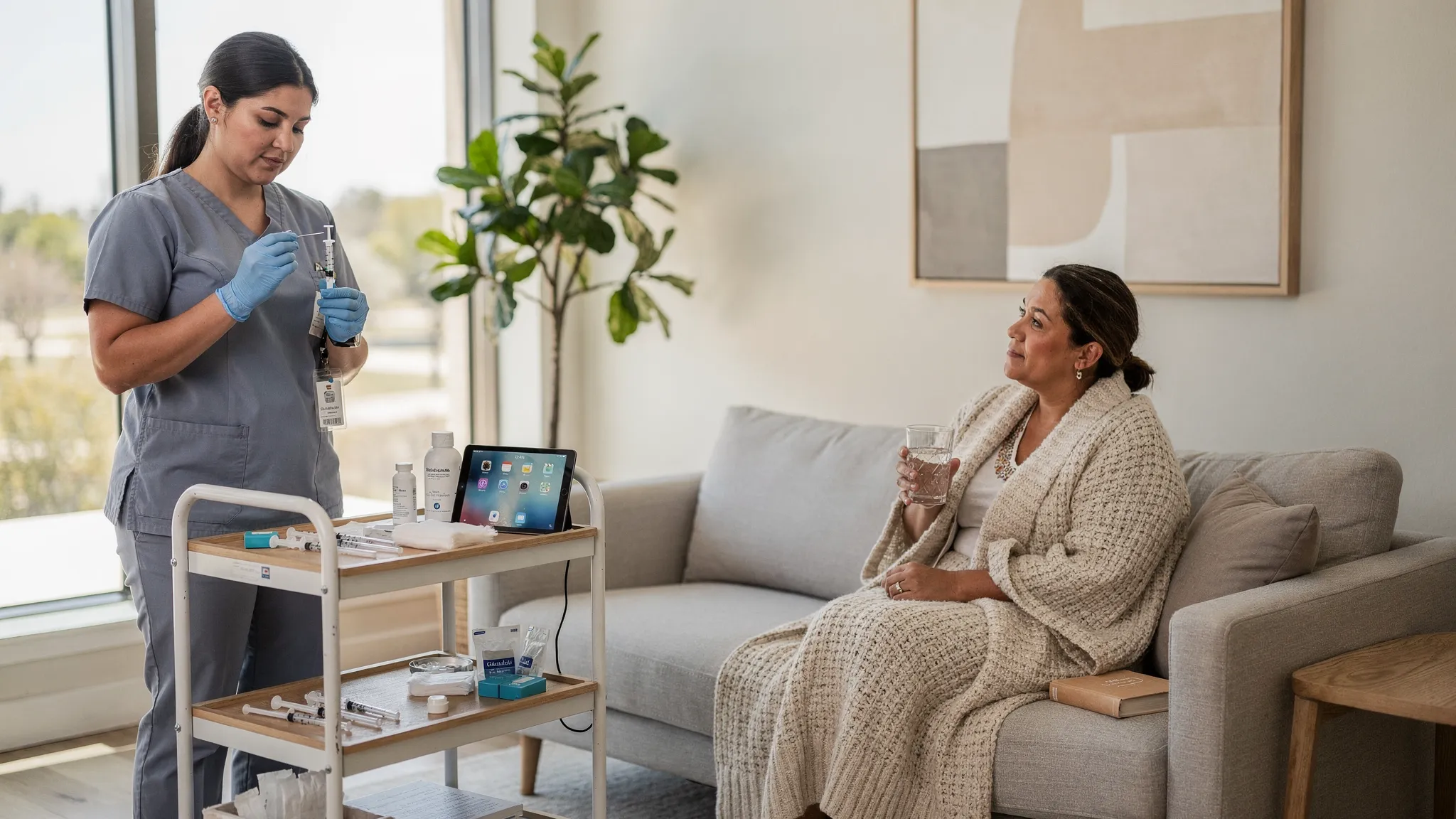 A registered nurse administering a glutathione injection to a client in a comfortable setting.