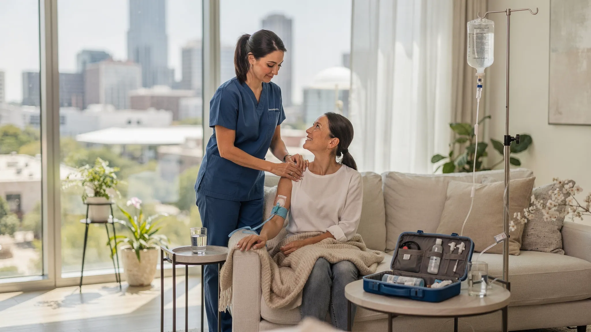 A registered nurse administering a vitamin drip to a client in a relaxed environment.