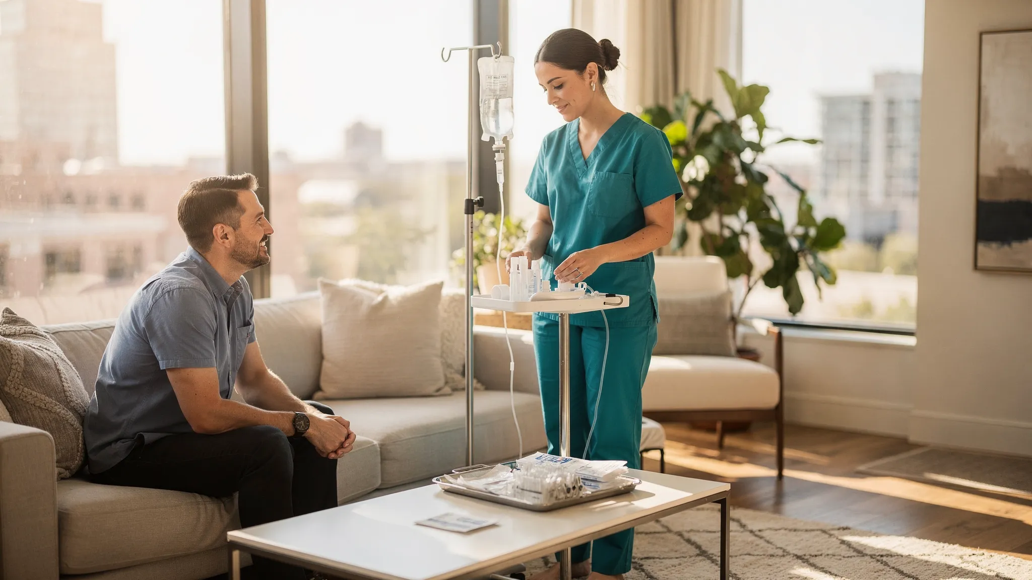 A registered nurse administering an IV infusion to a client in a comfortable setting.