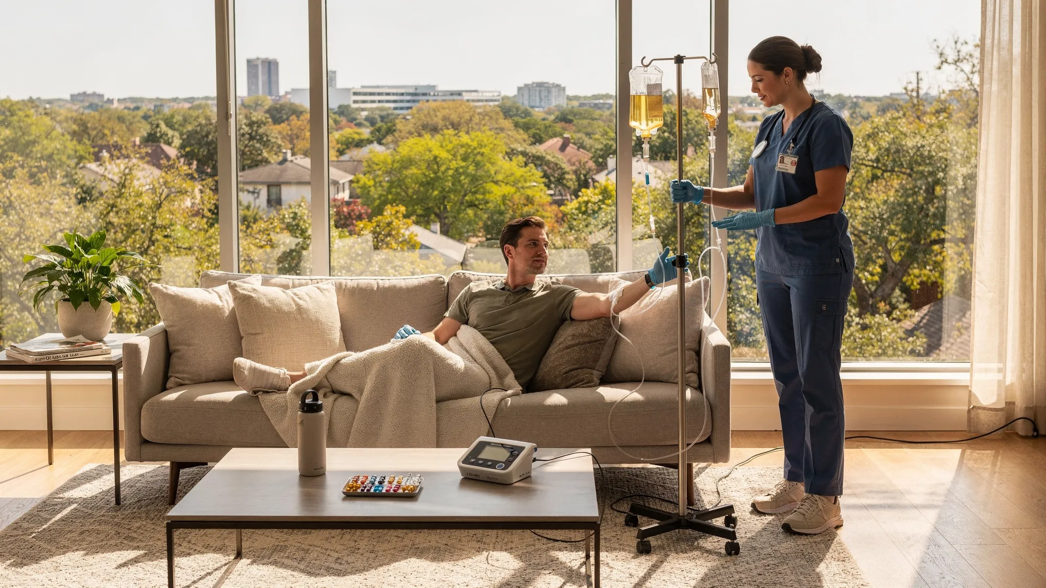 A registered nurse administering a vitamin IV drip to a client in a comfortable setting.