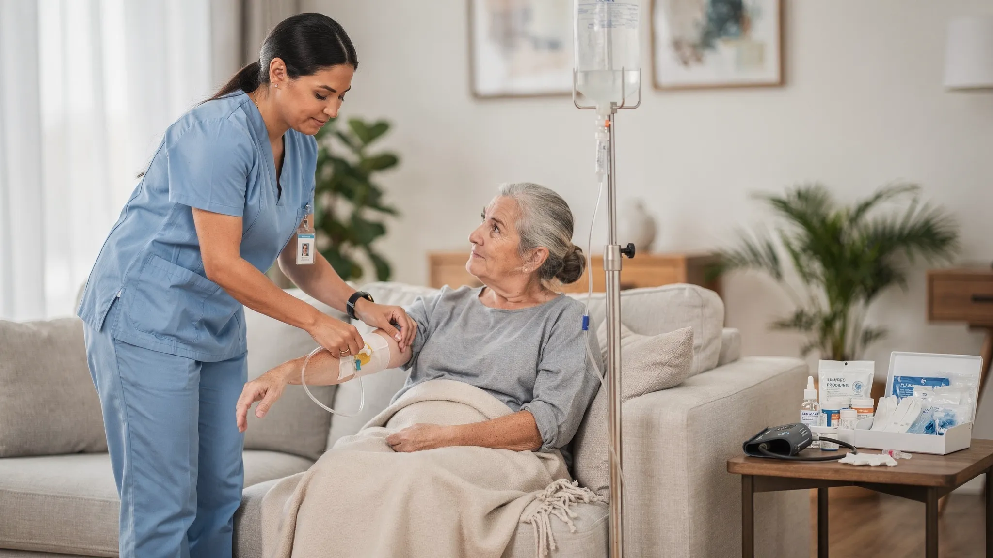 A registered nurse administering a mobile IV hydration session in a clean, well-lit living room setting, with a seated adult client resting comfortably and basic medical supplies organized neatly on a small side table.