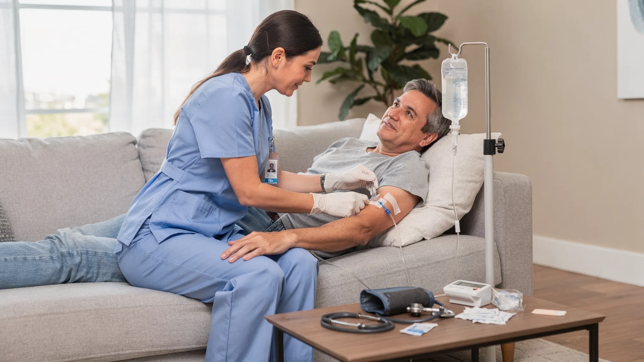 A registered nurse administering a peripheral IV infusion to an adult client resting comfortably on a couch in a clean, well-lit living room, with a small IV bag on a portable stand and basic monitoring supplies on a nearby table.