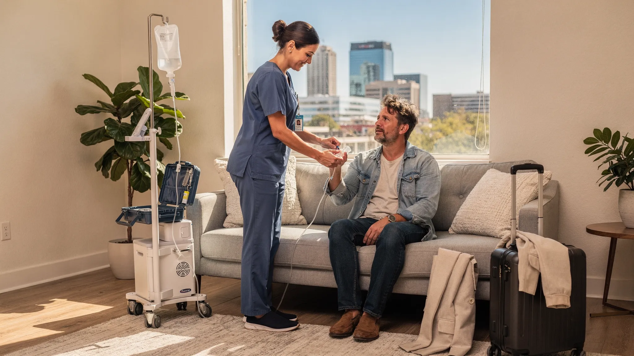 A registered nurse sets up a mobile IV in a bright Austin short term rental. A carry on suitcase sits by the couch, and the client looks travel worn but relaxed as fluids infuse. A city skyline and blue sky are visible through the window, suggesting recent air travel to Austin.