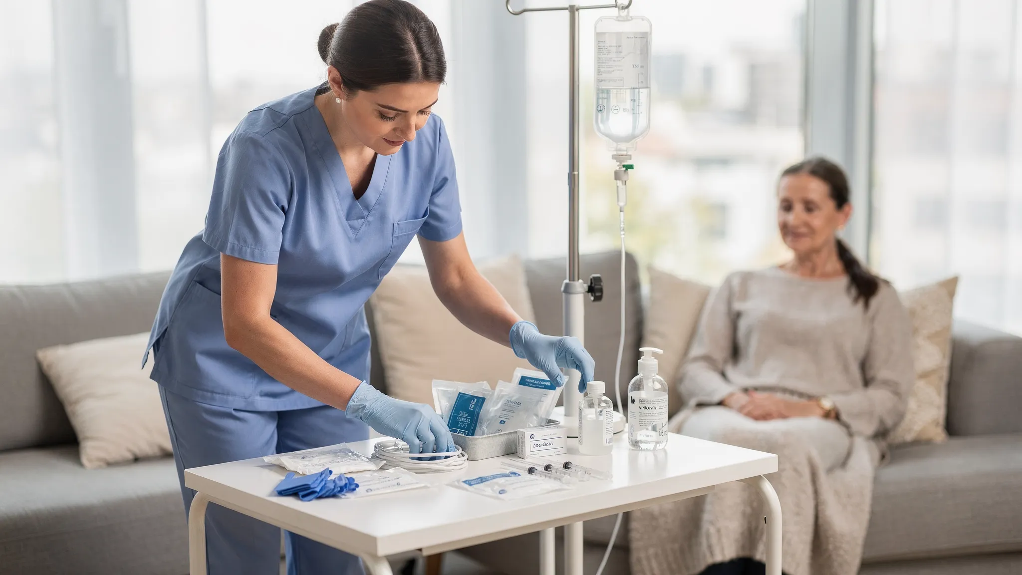 A registered nurse setting up a sterile mobile IV station on a clean side table in a bright living room, with IV fluids on a portable stand, sealed single-use supplies, gloves, disinfectant wipes, and a patient seated comfortably nearby.