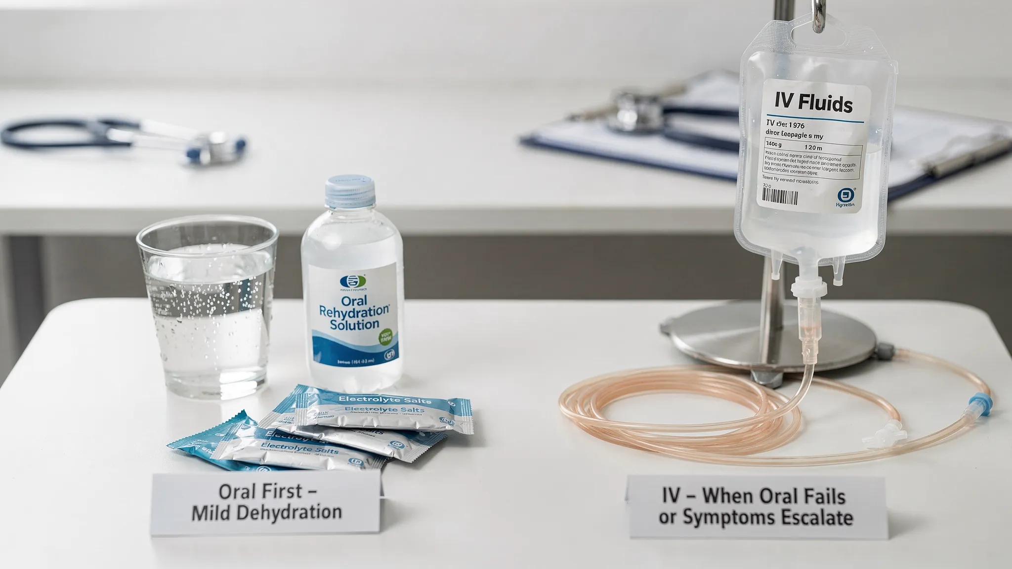 A simple comparison table scene showing oral hydration items like water and oral rehydration solution on one side and a labeled IV fluid bag with tubing on the other, illustrating “oral first for mild dehydration, IV when oral fails or symptoms escalate.”