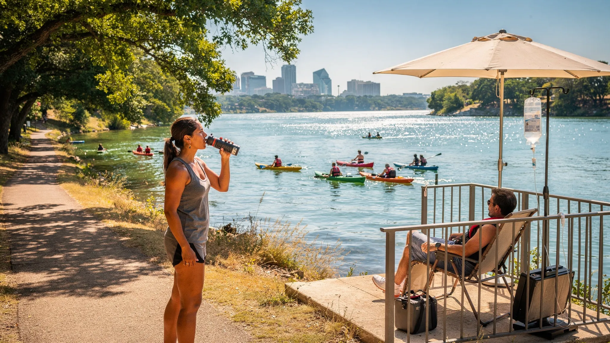 A summertime Austin scene at Lady Bird Lake with kayakers and a shaded trail. In the foreground, a person drinks water while another relaxes on a patio receiving a mobile IV, an IV stand beside the chair. The heat shimmer and bright sun signal high temperatures.